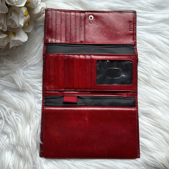 FOSSIL Soft Leather Trifold Billfold Wallet Deep Red Crimson with Stitching - Picture 9 of 12